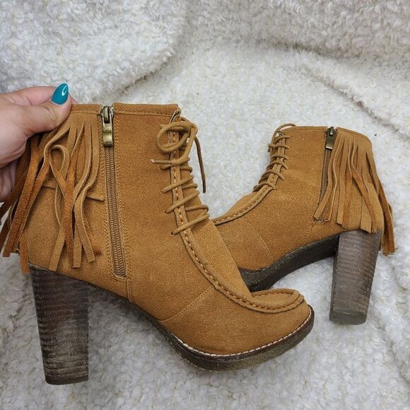 Bucco Maddasyn Fringed Vegan Leather Side Zip Laceup Ankle Boots sz 9 - Picture 6 of 8